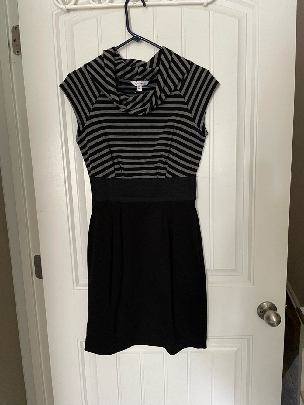 Speechless Black and Gray Striped Cap-Sleeve Cowl Dress